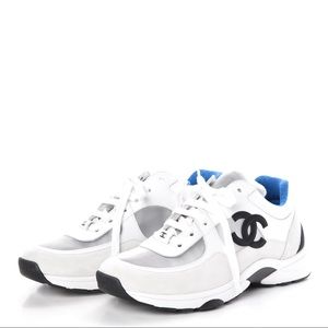 Chanel Suede Calfskin Womens CC Sneakers (White Silver Blue)